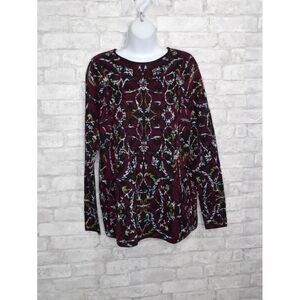J Jill Knit Sweater Black Burgundy Printed Crew‎ Neck Cotton Blend Pullover XS